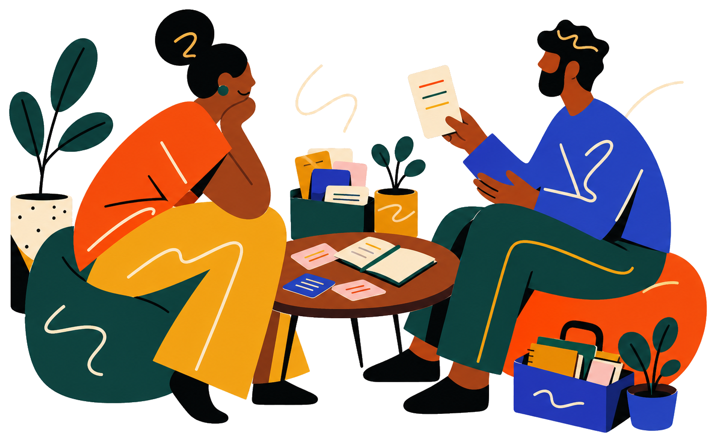 Illustration of two people using guided conversation tools