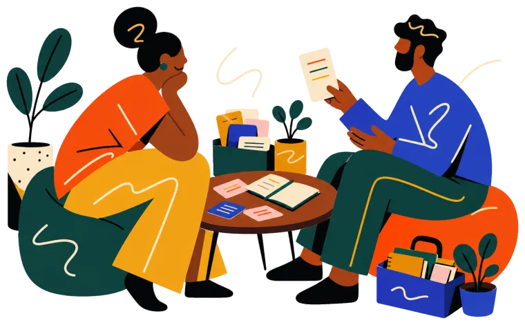 Illustration of two people using guided conversation tools