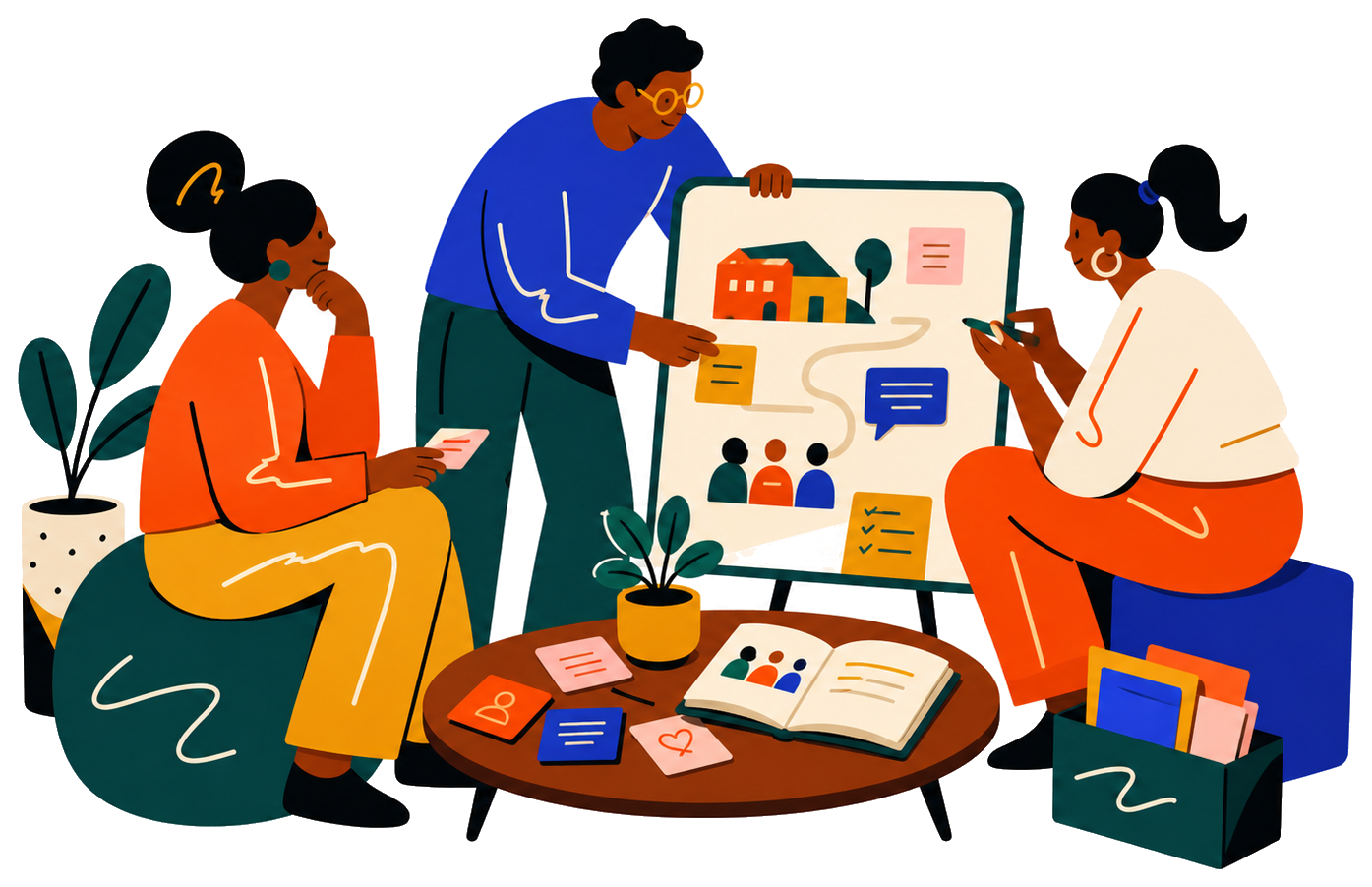 Illustration of people building a community support plan