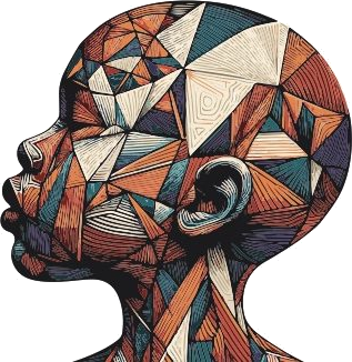 The DCI mark: a head in profile built from layered geometric pattern. No hair, no gender, no name, because the person starting an honest conversation can be anyone.